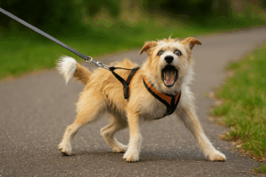 Overprikkelde hond die gespannen aan de lijn trekt tijdens een wandeling.