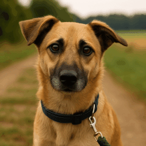 Close-up van een hond uit het buitenland met een nieuwsgierige blik, symbool voor onzekere en soms onvoorspelbare honden die via een stichting of asiel in Nederland terechtkomen.